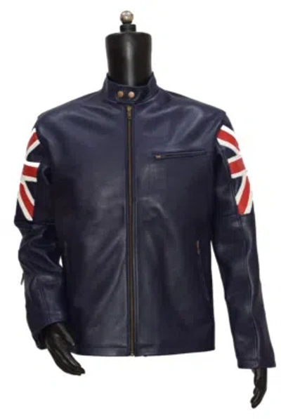 HANDMADE UK FLAGGE HERREN MARINEBLAU BIKER VINTAGE STYLE MOTORRAD CAFE RACER LEDERJACKE