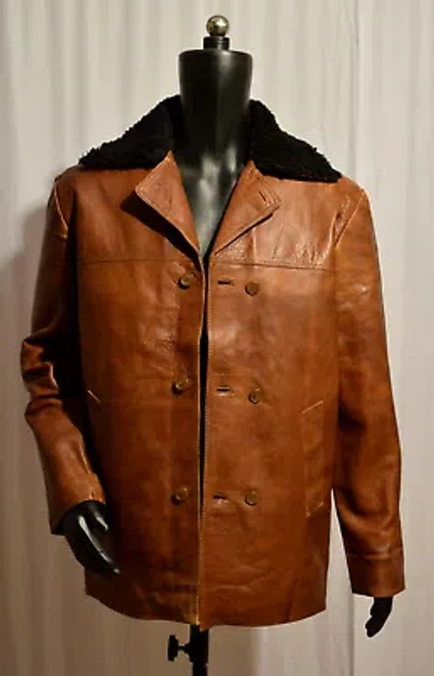 HANDMADE VINTAGE MENS BROWN DISTRESSED COW HIDE REAL LEATHER FUR COLLAR COAT JACKET
