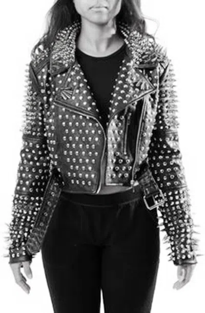 HANDMADE WOMEN STEAM PUNK FULL LONG SPIKED STUDDED BLACK ROCK MOTORCYCLE LEATHER JACKET