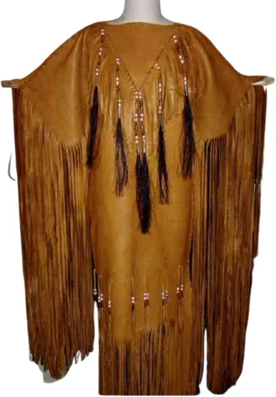 HANDMADE WOMEN'S TAN LEATHER LONG FRINGES WEDDING DRESS POWWOW REGALIA WD236