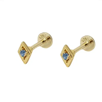 HARFI WOMEN'S BLUE / GOLD AQUAMARINE MARCH BIRTHSTONE CARTILAGE FLAT BACK LABRET CONCH STUD EARRINGS