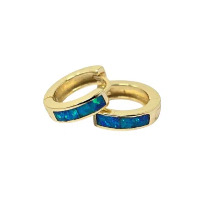HARFI WOMEN'S GOLD / BLUE DAINTY BLUE FIRE OPAL INLAY GOLD PLATED HUGGIE EARRINGS