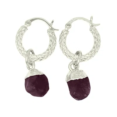 HARFI WOMEN'S PINK / PURPLE / SILVER RAW RUBY JULY BIRTHSTONE HUGGIE HOOPS STERLING SILVER GEMSTONE EARRIN