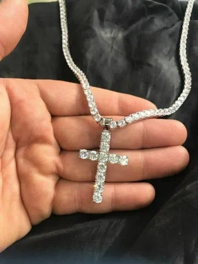 HARLEMBLING 4MM SINGLE ROW TENNIS CHAIN W. CROSS SOLID 925 STERLING SILVER CZ NECKLACE