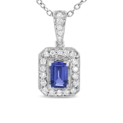 HAUS OF BRILLIANCE HAUS OF BRILLIANCE 18K WHITE GOLD 1/4 CTTW ROUND DIAMOND AND 6X4MM PURPLE TANZANITE HALO 18" PENDANT