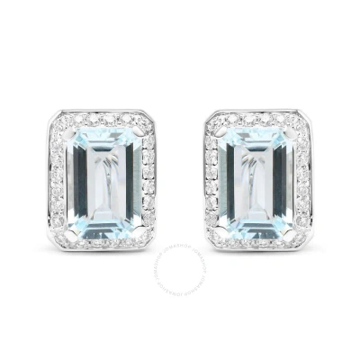 HAUS OF BRILLIANCE 18K WHITE GOLD 3/4 CTTW ROUND DIAMOND AND 13X9MM EMERALD CUT BLUE AQUAMARINE GEMSTONE HALO OMEGA STU