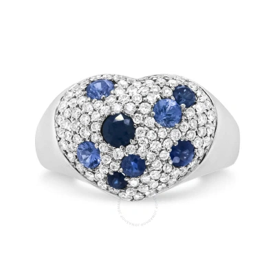 HAUS OF BRILLIANCE HAUS OF BRILLIANCE 18K WHITE GOLD BLUE SAPPHIRE AND 5/8 CTTW DIAMOND CLUSTER HEART SHAPED RING (F-G 