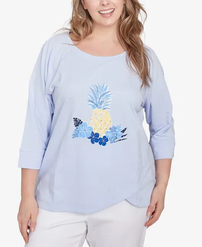 HEARTS OF PALM PLUS SIZE MAKING WAVES PINEAPPLE PRINTED 3/4 SLEEVE TOP