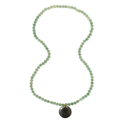 HEATHER HAWKINS JEWELRY WOMEN'S GREEN ROCKABYE LONG PENDANT GEMSTONE NECKLACE - AVENTURINE - PYRITE COIN PENDANT