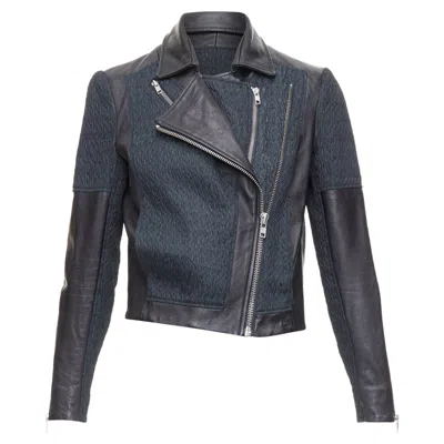 HELMUT LANG PEBBLED LEATHER TEXTURED FABRIC ZIP CROP BIKER