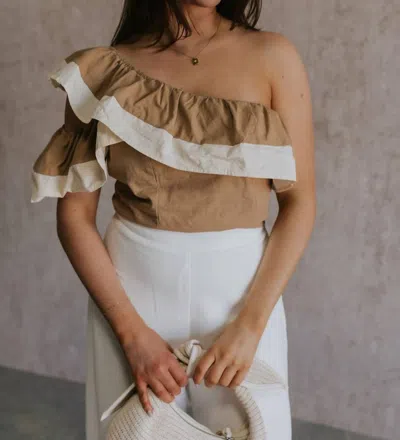 HER ENTIRE NAME SAYS GRACE ROSALIE RUFFLE ONE-SHOULDER TOP IN KHAKI & CREAM