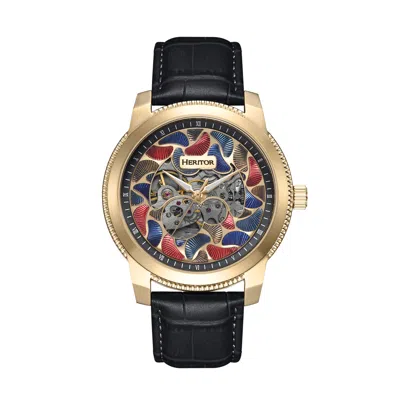 HERITOR AUTOMATIC MEN'S BLACK / GOLD EMMANUEL SEMI-SKELETON LEATHER-BAND WATCH - BLACK, GOLD