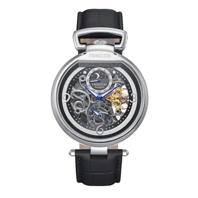 HERITOR AUTOMATIC MEN'S BLACK / SILVER LINCOLN LEATHER-BAND SKELETON WATCH WITH DUAL TIME AND MOON PHASE - BLACK, SILV