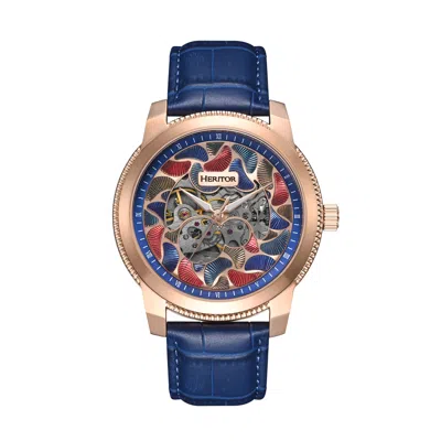 HERITOR AUTOMATIC MEN'S BLUE / ROSE GOLD EMMANUEL SEMI-SKELETON LEATHER-BAND WATCH - BLUE, ROSE GOLD