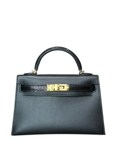 HERMES 2025 NOIR MINI KELLY SELLIER 20 TOUCH VEAU MADAME LEZARD GOLD HARDWARE TOTE BAG