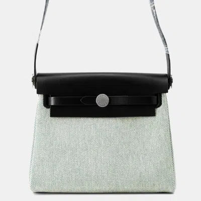 HERMES HERBAG ZIP SIZE MINI ECRU/BLACK TOILE MILITARY VACHE HUNTER LEATHER BAG