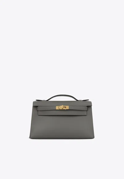 HERMES KELLY POCHETTE CLUTCH BAG IN GRIS MEYER SWIFT WITH GOLD HARDWARE