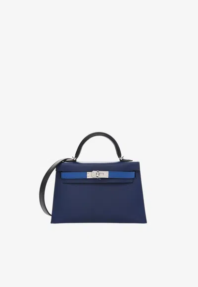 HERMES MINI KELLY SELLIER 20 IN BLEU SAPHIR, BLEU FRANCE AND BLACK EPSOM LEATHER WITH PALLADIUM HARDWARE