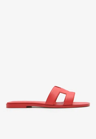 HERMES ORAN H CUT-OUT SANDALS IN ROSE VERMILLON EPSOM LEATHER