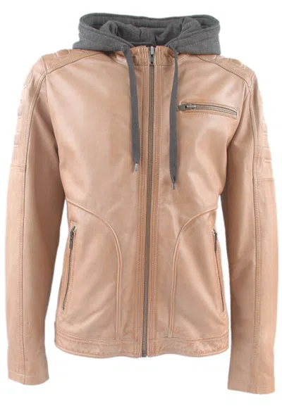 HI BUXTER HERREN LEDERJACKE BIKERJACKE JACKE KAPUZENJACKE ECHTLEDER HELLBRAUN - ZWEITGLÜCK