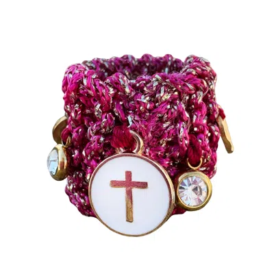HILO DE MAR WOMEN'S FUCHSIA AND GOLD HANDKNITTED RING - WITH CHARMS - ELASTIC