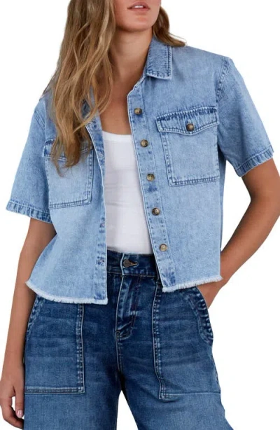 HINT OF BLU HINT OF BLU EMILY FRAYED SHORT SLEEVE DENIM BUTTON-UP SHIRT