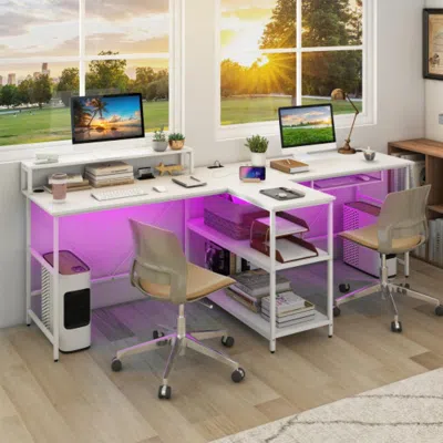 HIVVAGO 2-PERSON REVERSIBLE COMPUTER DESK LONG OFFICE DESK WITH LED LIGHTS-WHITE