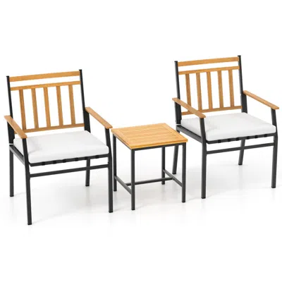 HIVVAGO 3 PIECES OUTDOOR FURNITURE SET ACACIA WOOD PATIO CONVERSATION SET WITH CUSHIONS-WHITE