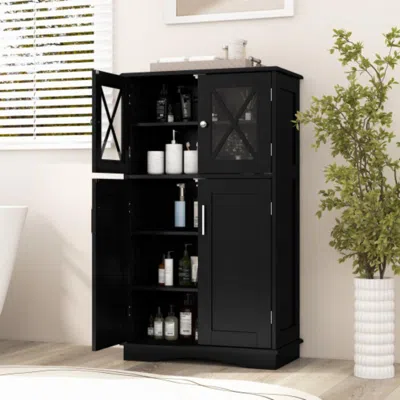 HIVVAGO 4 DOORS FREEESTANDING BATHROOM FLOOR CABINET WITH ADJUSTABLE SHELVES-BLACK