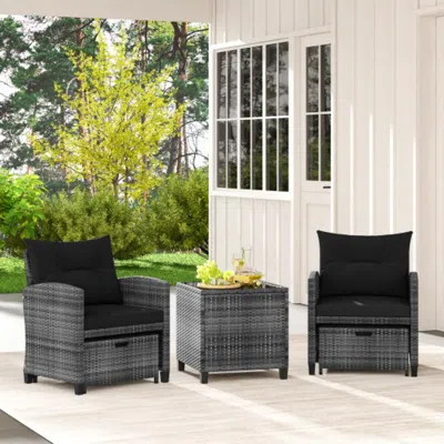 HIVVAGO 5 PIECE PATIO RATTAN FURNITURE WITH 2 OTTOMANS AND TEMPERED GLASS COFFEE TABLE-NAVY