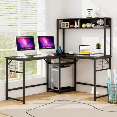 HIVVAGO L-SHAPED DESK WITH POWER OUTLET HUTCH-BLACK
