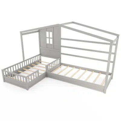 HIVVAGO L-SHAPED DOUBLE TWIN BEDS HOUSE PLATFORM BEDS WITH FENCES CORNER BED FRAME