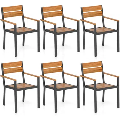 HIVVAGO OUTSIDE PATIO DINING CHAIR SET OF 6 WITH ACACIA ARMREST FOR BACKYARD GARDEN