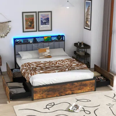 HIVVAGO TWIN/FULL/QUEEN BED FRAME WITH LED LIGHTS UPHOLSTERED HEADBOARD AND 4 STORAGE DRAWERS-QUEEN SIZE