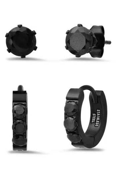 HMY JEWELRY SET OF 2 BLACK STAINLESS STEEL CRYSTAL STUD & HOOP EARRINGS