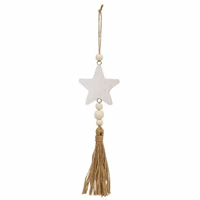 HOMEGIFO *GLITTERED WHITE STAR BEADED WOOD ORNAMENT WITH TASSEL