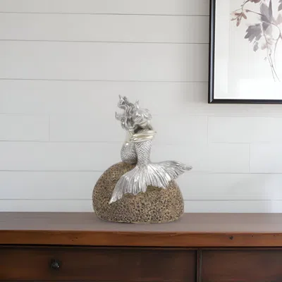 HOMEZIA 10" BROWN AND SILVER CONTEMPLATIVE MERMAID RESIN TABLETOP SCULPTURE