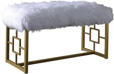 HOMEZIA 18" WHITE AND GOLD UPHOLSTERED FAUX FUR BENCH