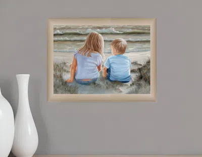 HOMEZIA BOY AND GIRL SITTING IN DUNES BROWN FRAMED PRINT WALL ART
