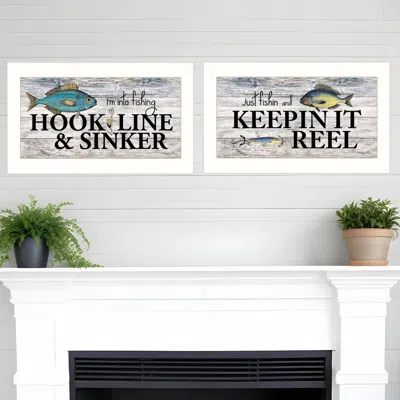 HOMEZIA SET OF TWO FISHING COMBO 2 WHITE FRAMED PRINT WALL ART