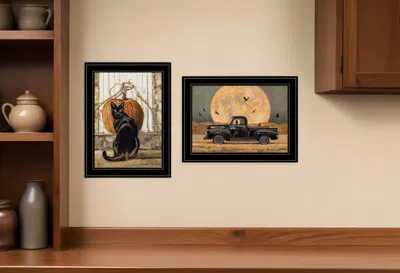 HOMEZIA SET OF TWO HARVEST MOON WITH A BLACK CAT AND TRUCK 2 BLACK FRAMED PRINT KITCHEN WALL ART