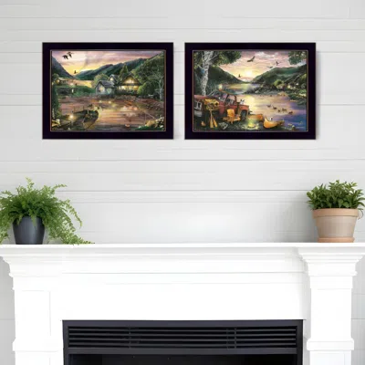HOMEZIA SET OF TWO LAKEFRONT CAMPING 3 BLACK FRAMED PRINT WALL ART