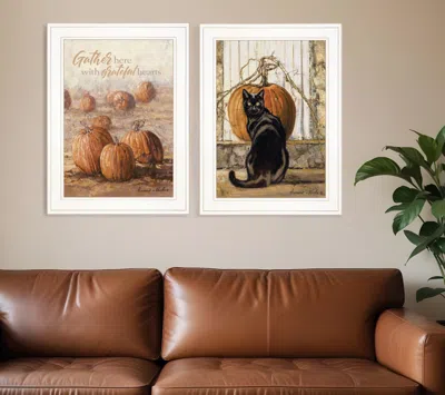 HOMEZIA SET OF TWO PUMPKINS WITH A BLACK CAT 1 WHITE FRAMED PRINT WALL ART