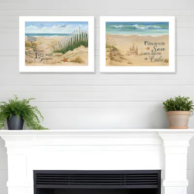 HOMEZIA SET OF TWO SAND CASTLE AND FOOTPRINTS 1 WHITE FRAMED PRINT WALL ART