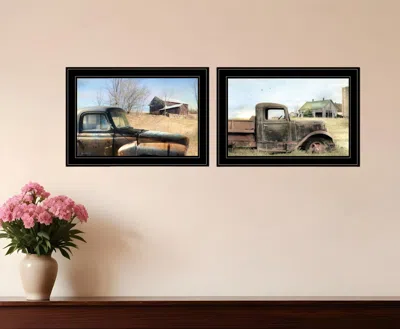 HOMEZIA SET OF TWO VINTAGE FARM TRUCKS 2 BLACK FRAMED PRINT WALL ART