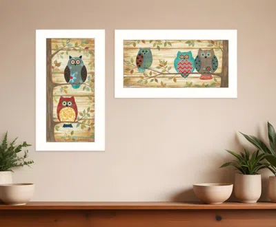 HOMEZIA SET OF TWO WHIMSICAL OWLS WHITE FRAMED PRINT WALL ART