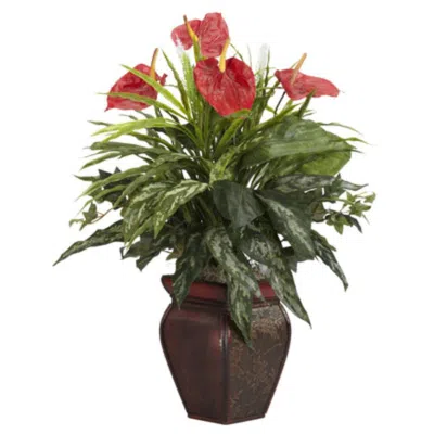 HOMPLANTI MIXED GREENS & ANTHURIUM W/DECORATIVE VASE SILK PLANT