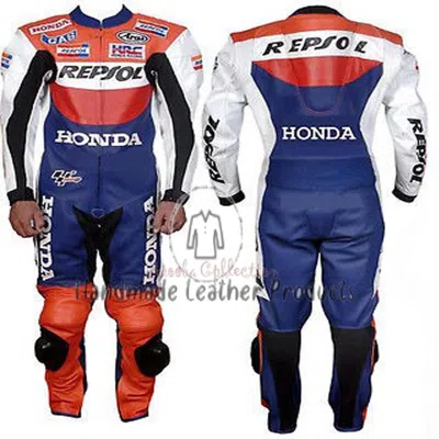 HONDA HANDMADE MEN'S HONDA REPSOL RED BLUE RACING MOTORCYCLE GENUINE LEATHER SUIT