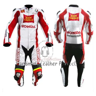 HONDA HANDMADE MEN'S HONDA SAN CARLO RED WHITE RACING MOTORCYCLE GENUINE LEATHER SUIT