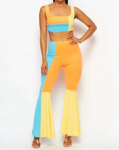 HOT & DELICIOUS BRIGHT IDEA TERRY CLOTH CROP TOP AND PANT SET IN ORANGE, BLUE, YELLOW